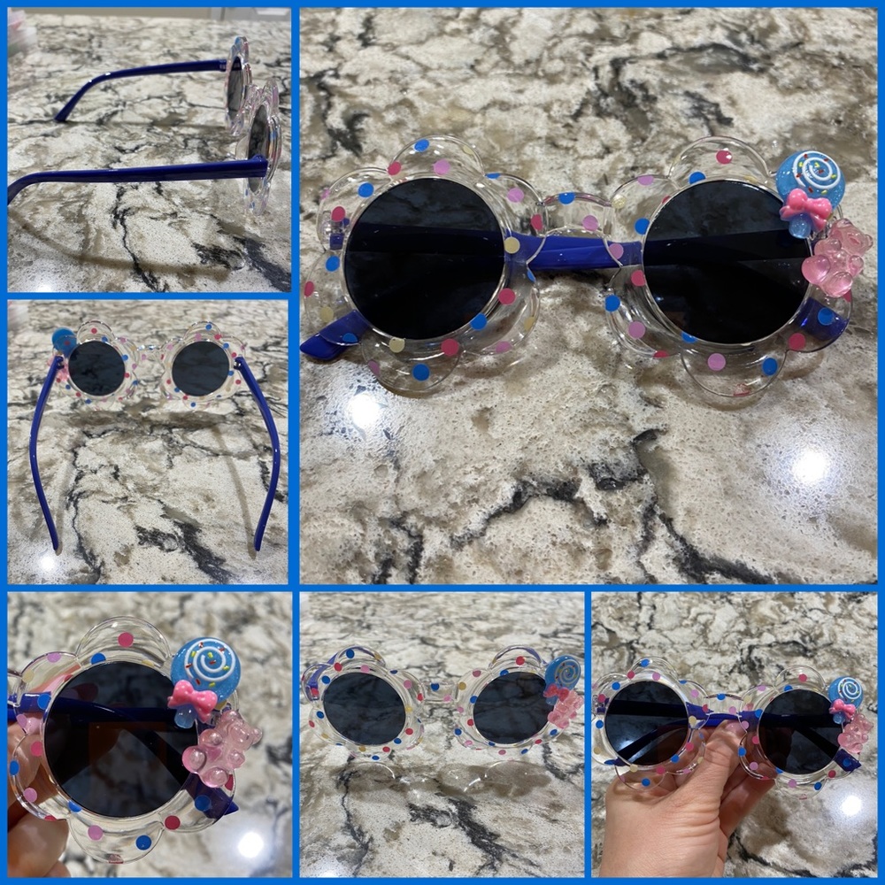 Girls flower shaped blue multi colored dot sunglasses